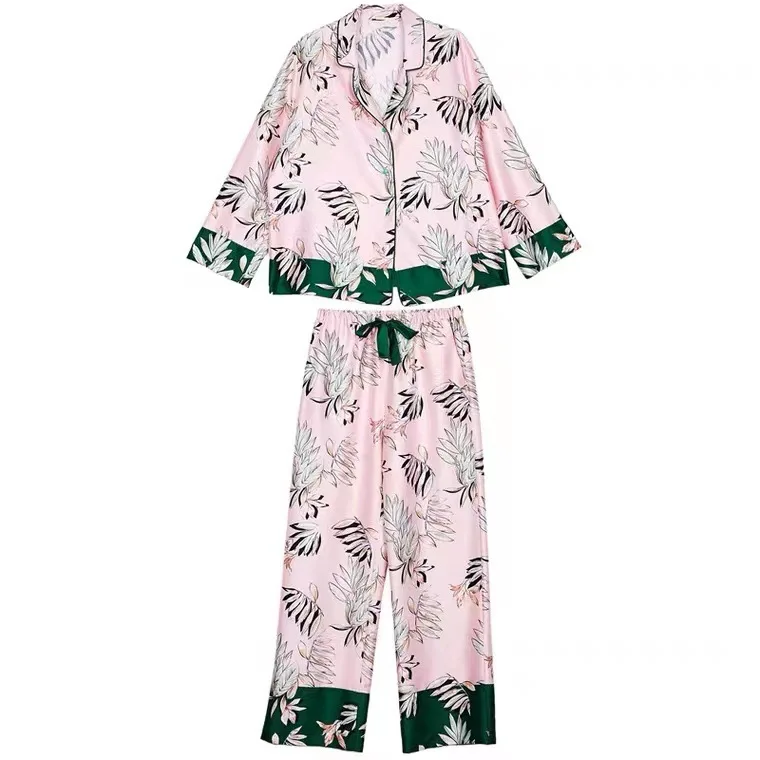 Floral Print Women's Pajama Set Pink Summer Satin Ladies Home Suit Spring Pijama 2 Pieces With Pants Home Wear For Female 2023