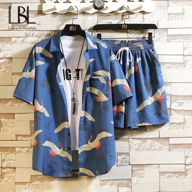 

Пляжная одежда для мужчин, комплект из 2 предметов, быстросохнущая гавайская рубашка и шорты, комплект, Мужская модная одежда, повседневная ...