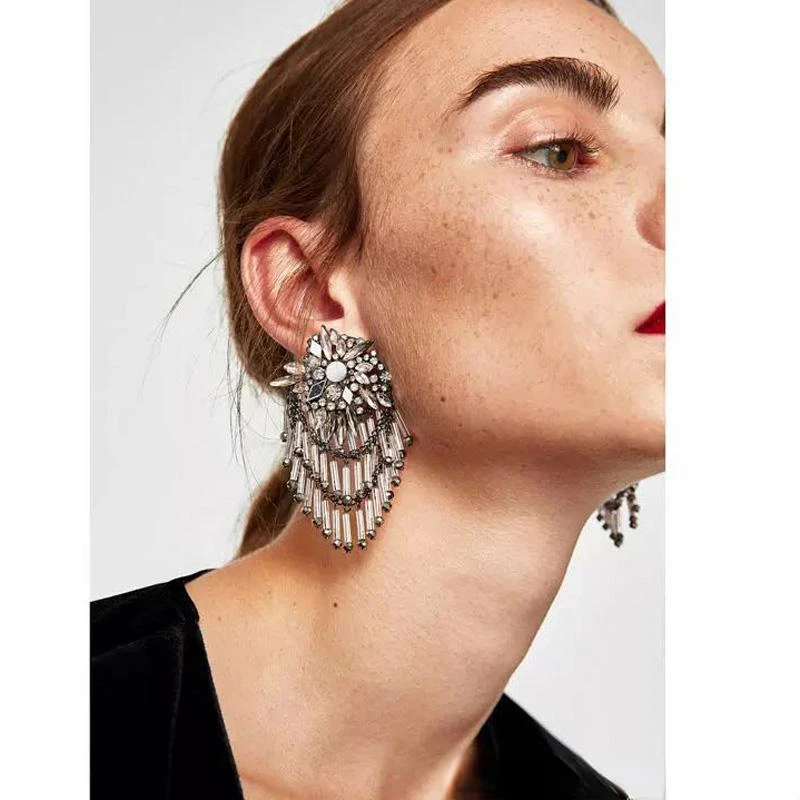 

European and American Personalized Mirror Patch Earrings Splendid Diamond Zircon Large Earrings Tassel Banquet Luxury Socialite