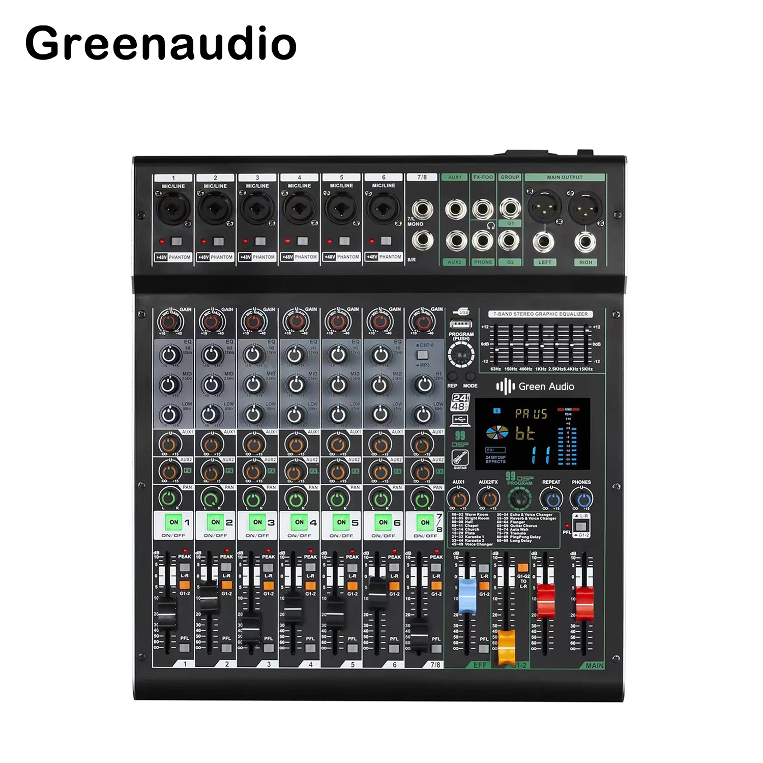 GAX-GS8 professional 24-bit 48V audio mixer with MP3 USB recording 99DSP mixer LED display for live streaming content creation