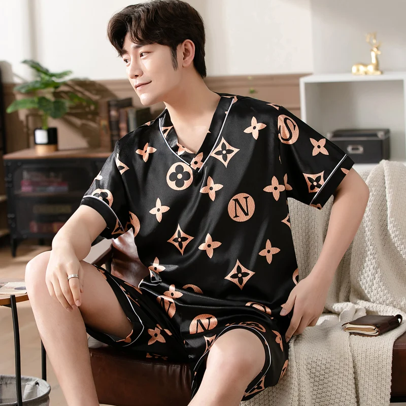 Summer Unisex Man Women Short Pajamas Sets Silk Home Clothes Sleepwear Suits