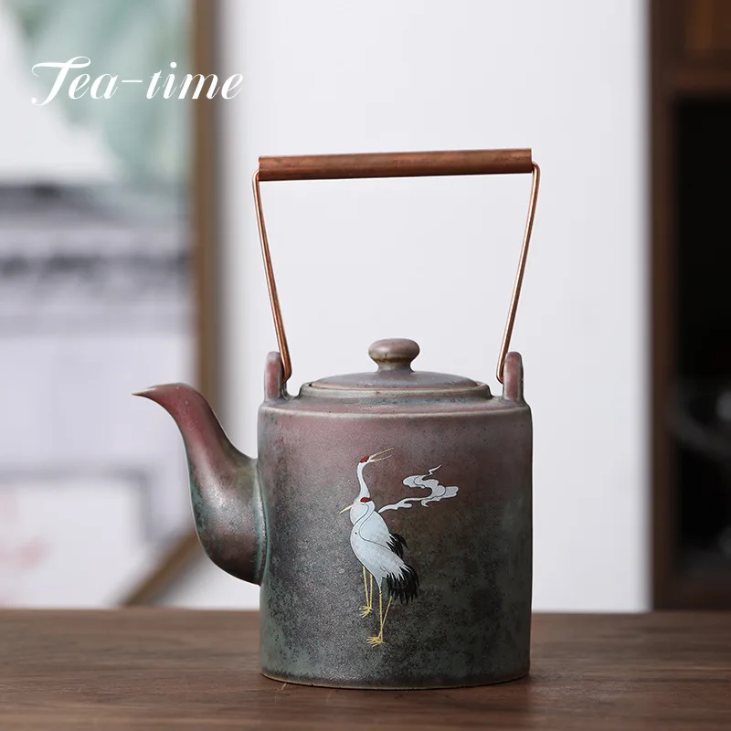 

400ml Japanese Coarse Pottery Tea Pot Retro Teapot Ceramic Kung Fu Kettle Kiln Change TeaCup Hand Painted Crane Teacup Drinkware