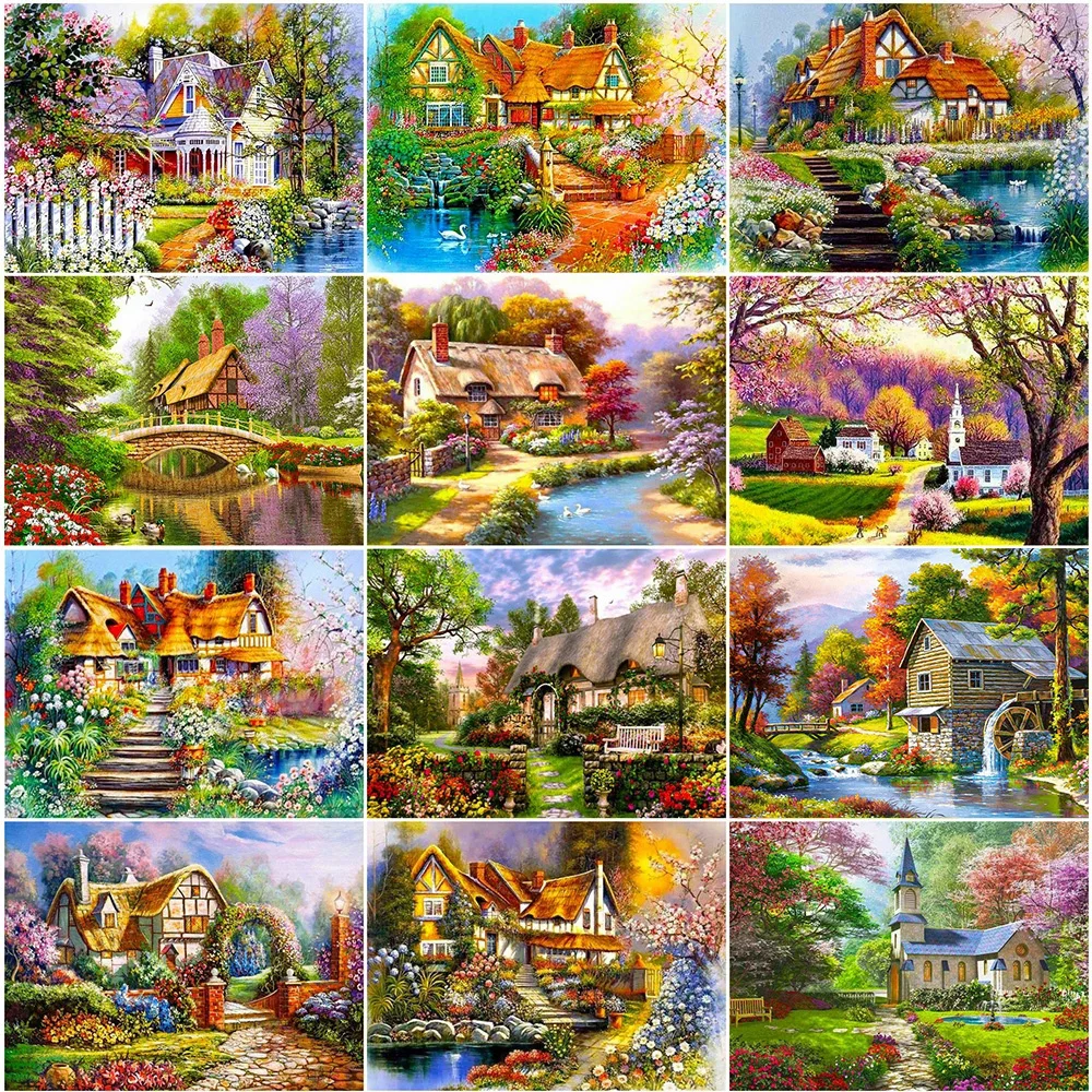 

5D алмазная живопись «сделай сам», дом, весенний пейзаж, стразы, Набор для вышивки крестиком, Ручная инкрустация, подарки, домашнее настенное ...