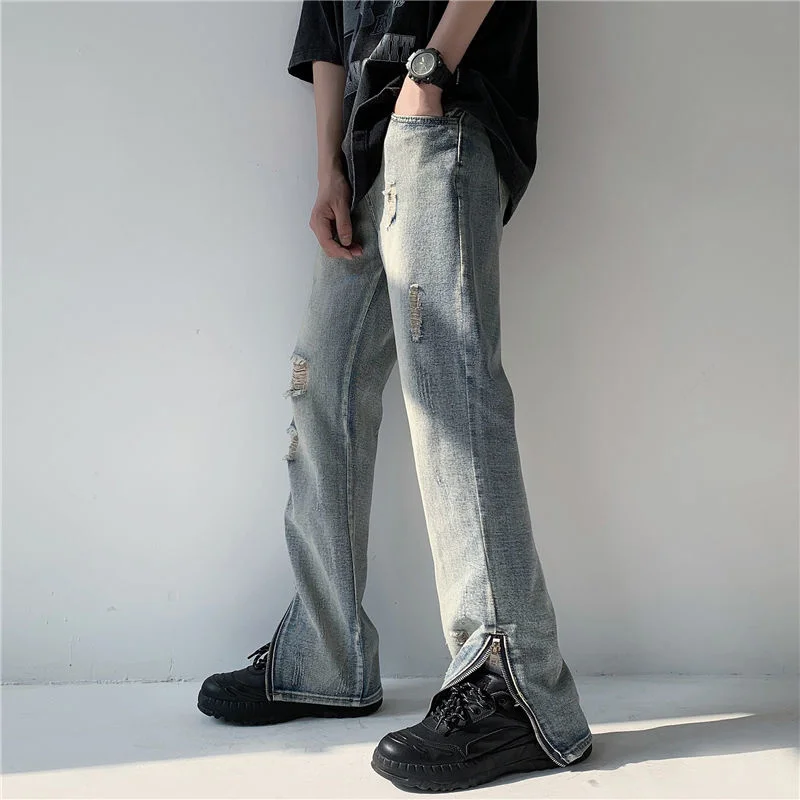 Summer Ripped Jeans Men Slim Fashion Casual Straight Jeans Mens Japanese Streetwear Loose Hip Hop Hole Denim Pants Mens Trousers