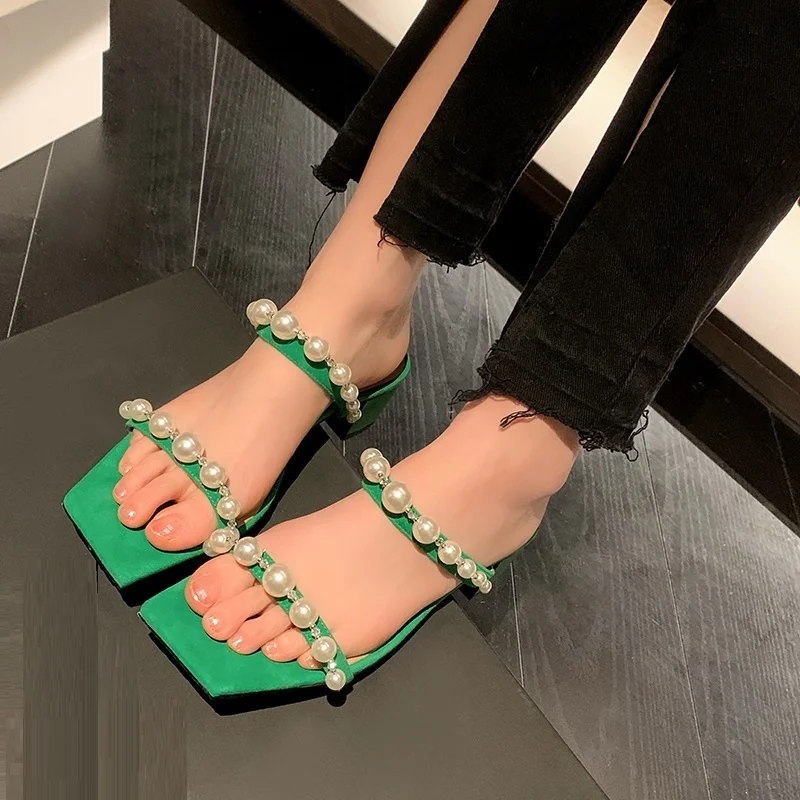 

Pearls Women Pumps Party Kid Suede Square Heel Sandals Spring Summer Shoes Open Toe