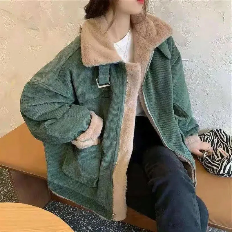 Lamb wool fleece thickened warm parka women's single-breasted cotton suit long-sleeved Leisure loose All-match corduroy female