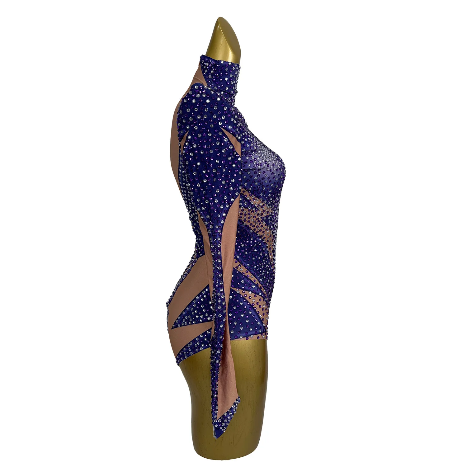 Роскошный блестящий фиолетовый боди со стразами танцевальный купальник с