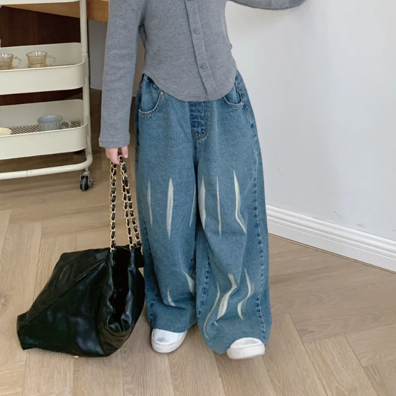 

Spring Girls Vertical stripe wide leg pants Kids fashion loose casual denim Trousers