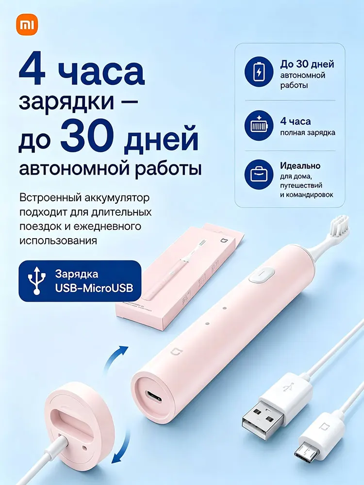 Фото Звуковая электрическая зубная щетка Xiaomi T100 мягкая очистка зубов десен несколько режимов чистки долгая работа батареи №5