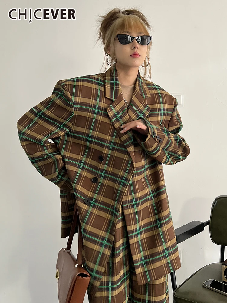 

CHICEVER Colorblock Patchwork Plaid Blazers For Women Notched Collar Long Sleeve Single Breatsed Loose Vintage Coats Female 2022