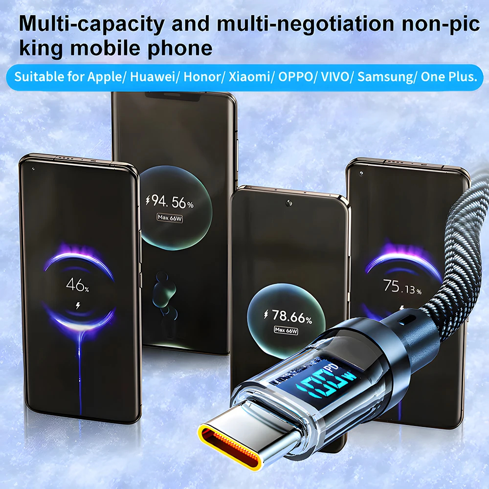 Фото Кабель для быстрой зарядки USB Type-C мощностью 100 Вт, кабель для зарядки телефона с интеллектуальным цифровым дисплеем, для Samsung Xiaomi Redmi OnePlus №2