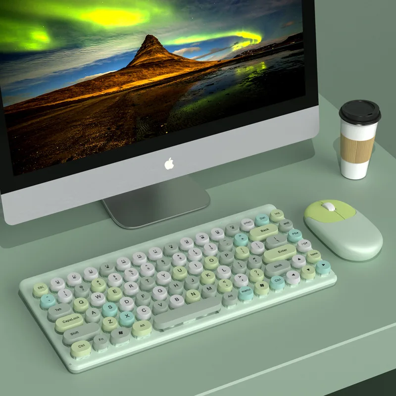 

Lipstick Color 86 Keys Retro Round Wireless Keyboard and Mouse Set Punk Portable Gaming Typewriter Keyboards and Mouse Combos