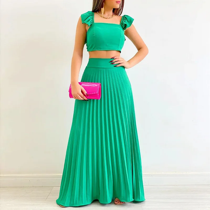 

2023 Fashion Women's Summer Casual Suit, Women's Solid Color Short Vest High Waist Pleated Halter Long Skirt Fashion 2 Sets