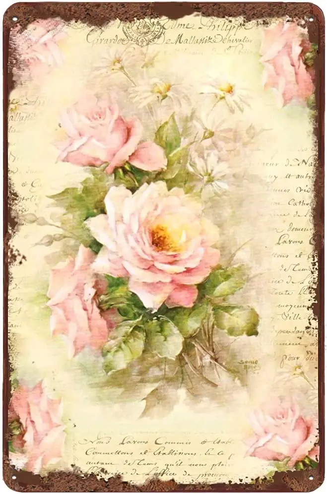 Розовый розовый старинный жестяной знак Цветочный декор металлический для дома