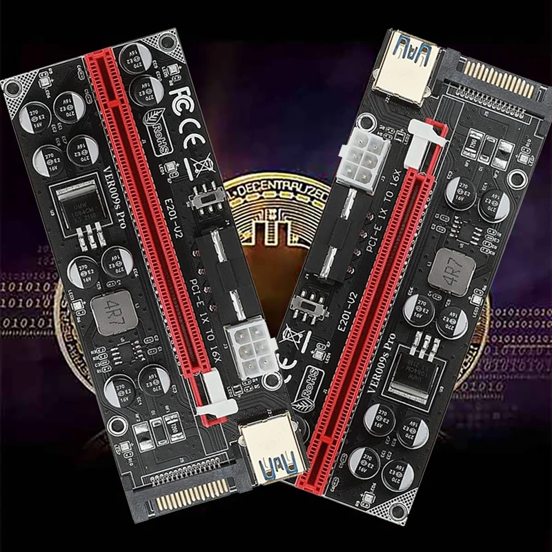 

10 Pcs V009S PRO PCI-E 1X To 16X GPU Extension Cable Riser Card With 10 Capacitors And LED Switch Key For BTC Mining