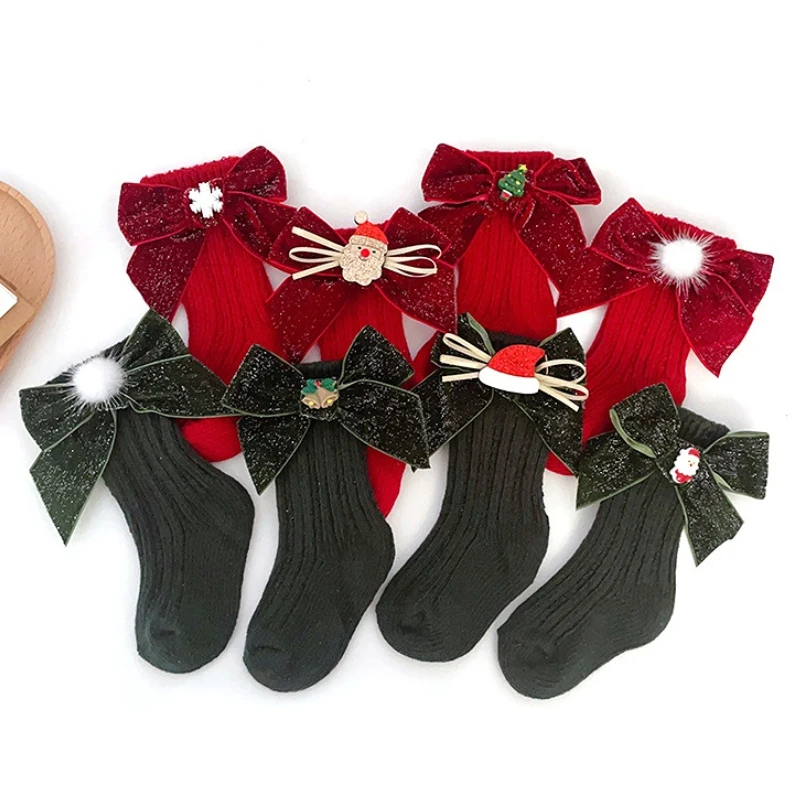 

1 Pair Baby Christmas Socks Cute Bowknot Woolen Warm Winter Socks For Kids Newborn Baby Socken New Year Children Red Socks 0-5Y