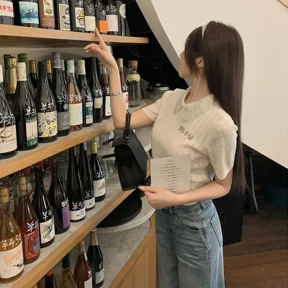 Элегантный офисный винтажный свитер 2024 женская белая вязаная футболка с