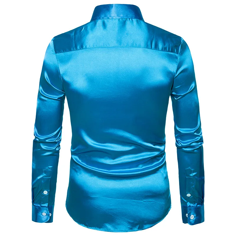 Royal Blue Silk Satin Shirt Men Luxury Brand Slim Fit Mens Dress Shirts Tuxedo Wedding Party Casual Male Casual Shirt Chemise