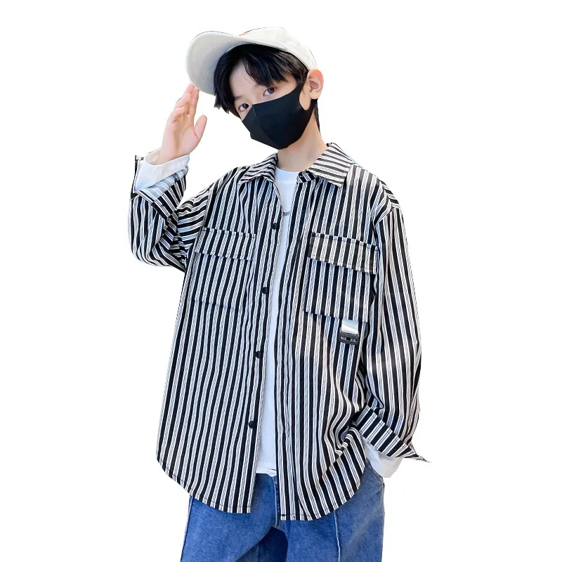 

Fashion Color Matching Shirt for Big Boys Teenage Cotton Long Sleeve Turn-down Collar Tops Children Striped Clothes 8 To 12Years