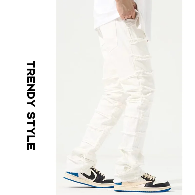 Streetwear Men Autumn and Winter New Pattern Layered Fringed Blue Pencil Pants Vintage Recreational Sense of Design Jeans Female