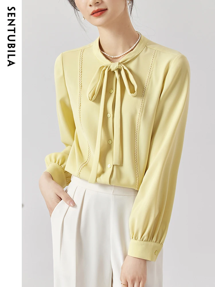Элегантные и молодежные женские шифоновые блузки Sentubila для женщин, модные топы с бантом на шее и длинным рукавом, желтые рубашки и блузки, 2023