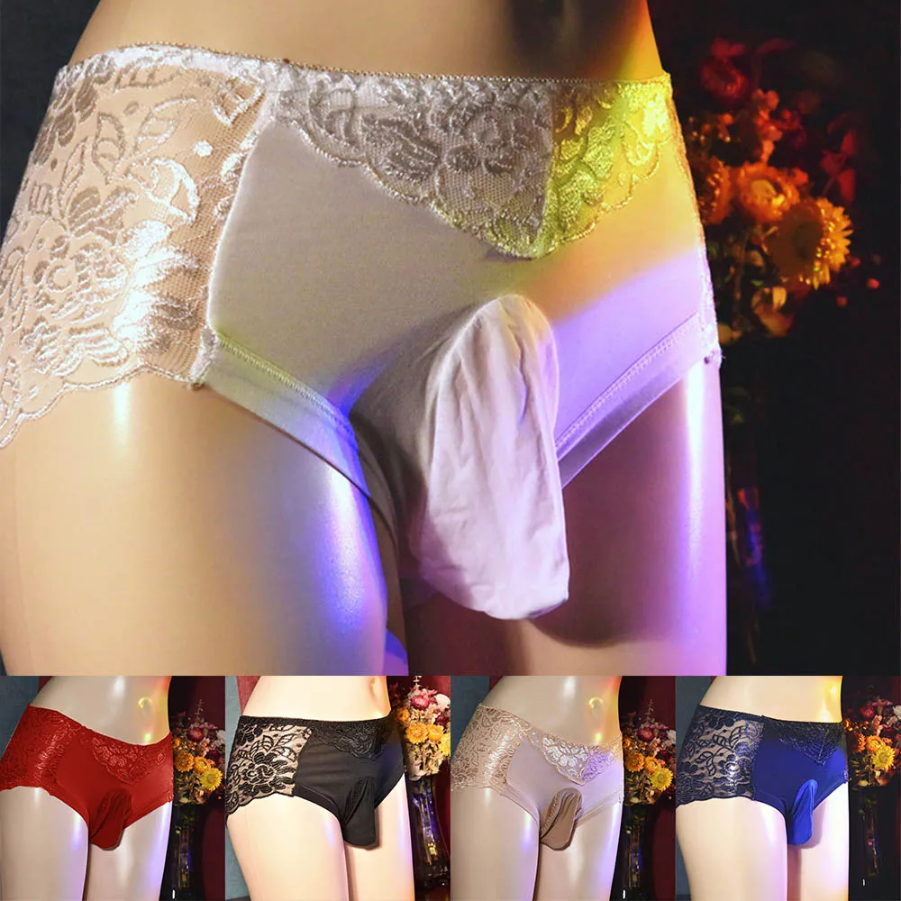 

Men Lace See Through Underwear Sexy Sissy Bugle Pouch Brief Thong Breathable Cotton Male Panties Short Hollow Low Waist Lingerie