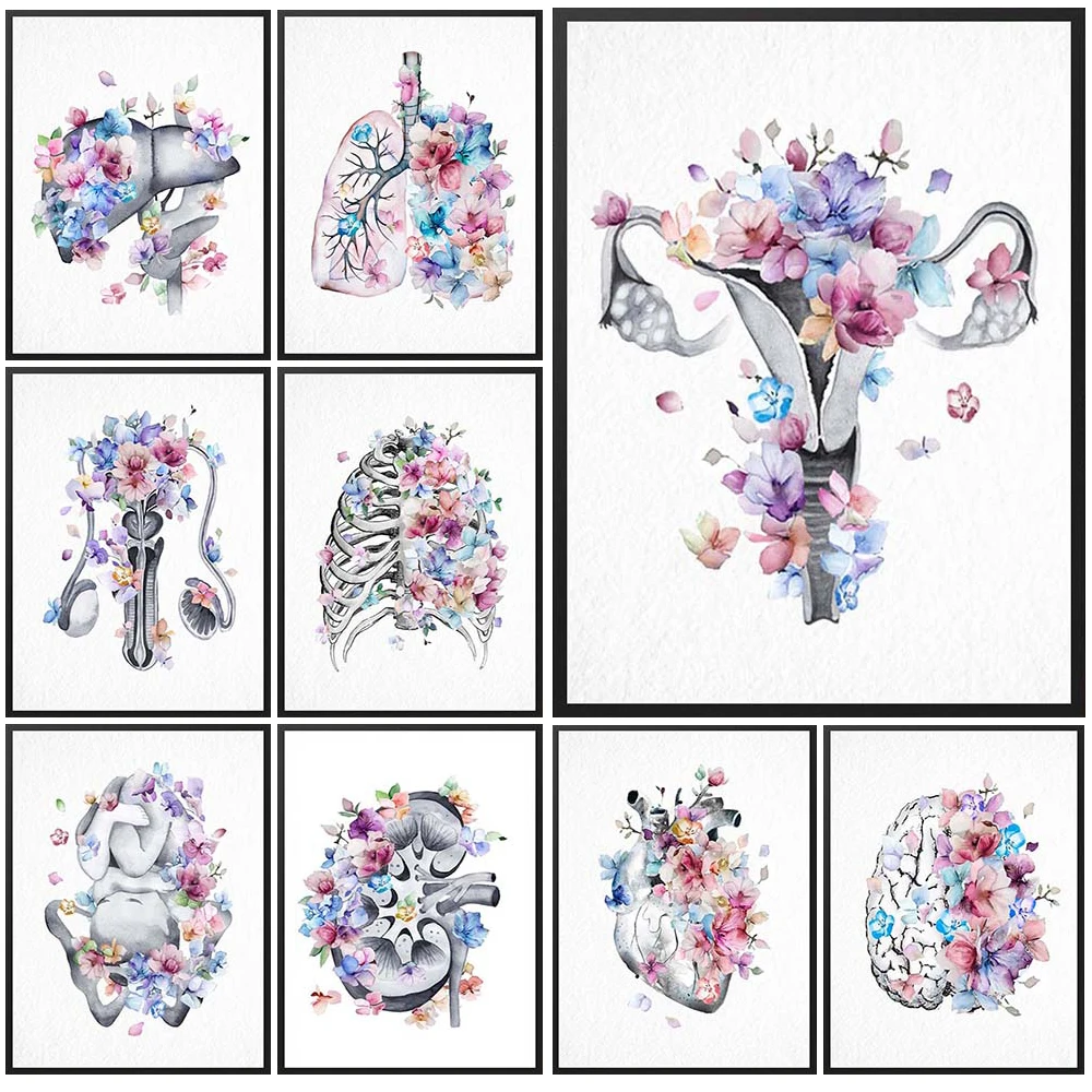 Плакат на холсте с изображением органов и цветов матки мозга печени сердца