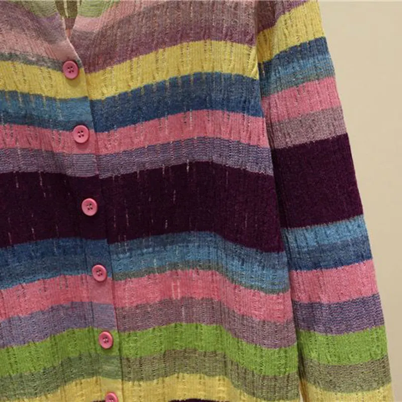 Женский Красочный Полосатый Кардиган С V-образным Вырезом И Длинными Рукавами