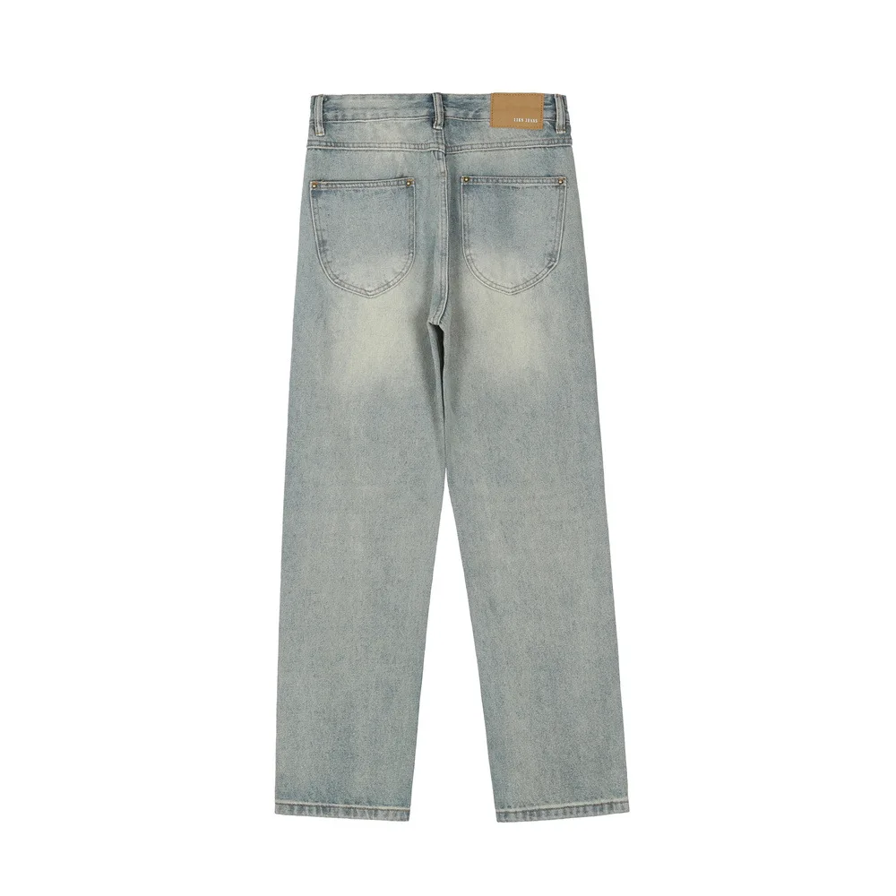 New Fashion Solid Color Washed Jeans Men Ins High Street Trend Loose Straight Denim Pants Trousers Tide Brand Casual Pants
