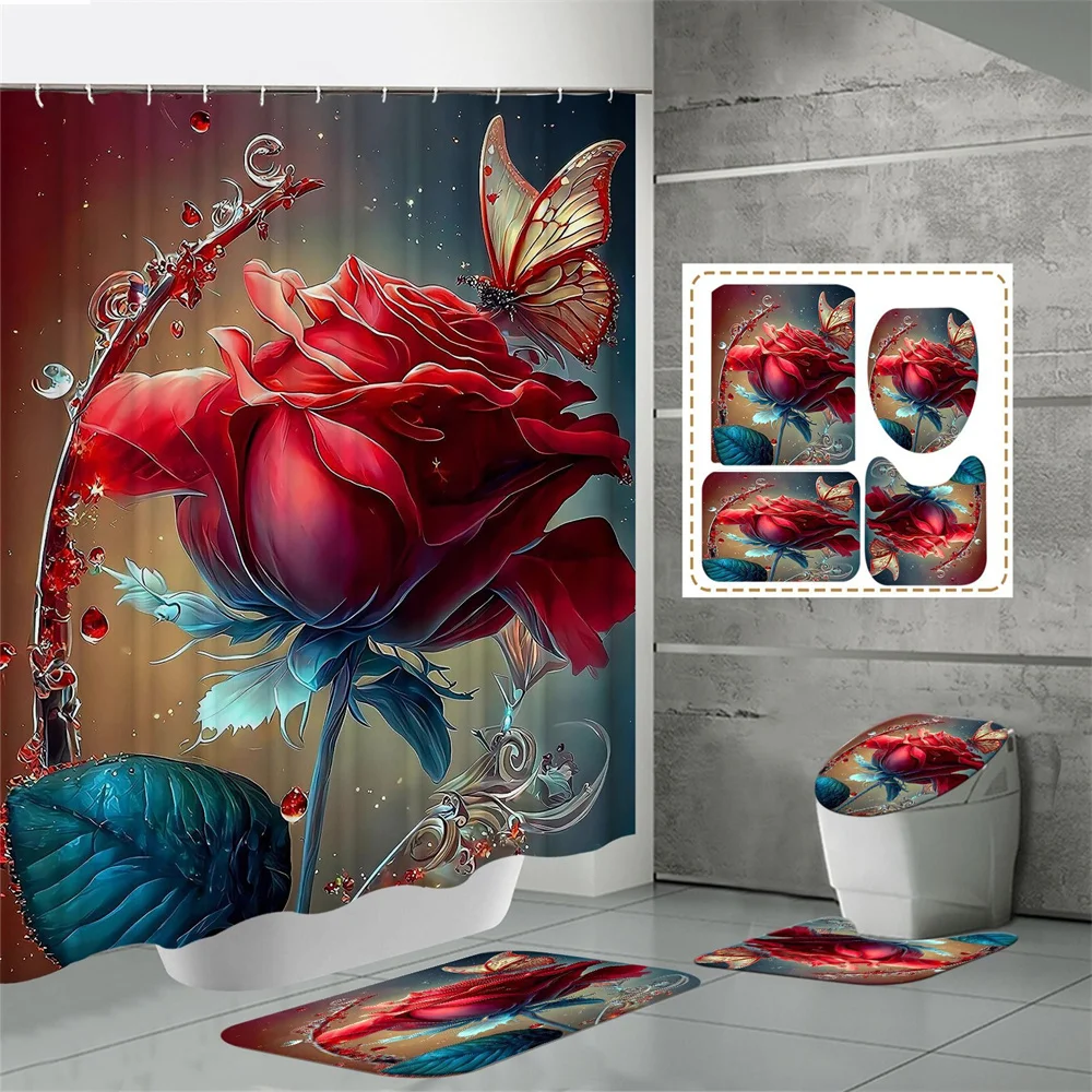 Розовая душевая занавеска в комплекте шторка для душа с рисунком пионов и роз