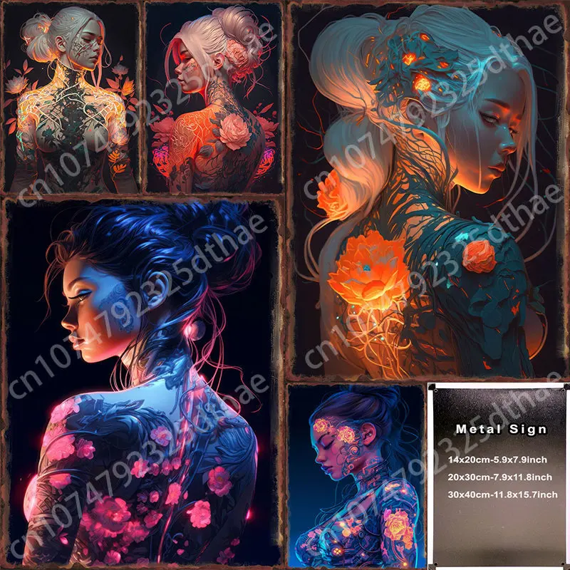 

Floral Punk Girl Vintage Metal Neon Tin Sign Custom Retro Posters for Bar Pub Home Decor Artistical Wall Decoration Plaques