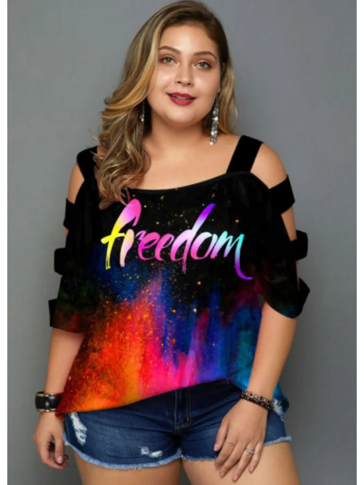 Large-size printed trapezoidal hollow-out off-the-shoulder coat plus color plus size clothing dames t shirt