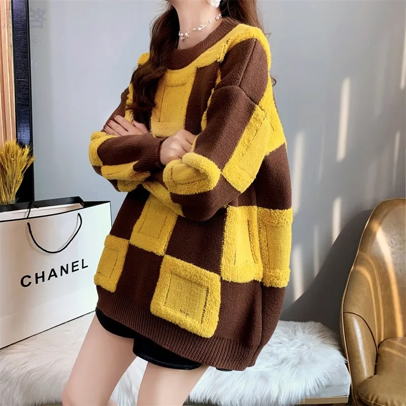 

Autumn Winter Thick Plaid Knitted Sweater Women Short Pullover Loose Casual O-Neck Long Sleeve Knit Tops Female Jumpers Ladies