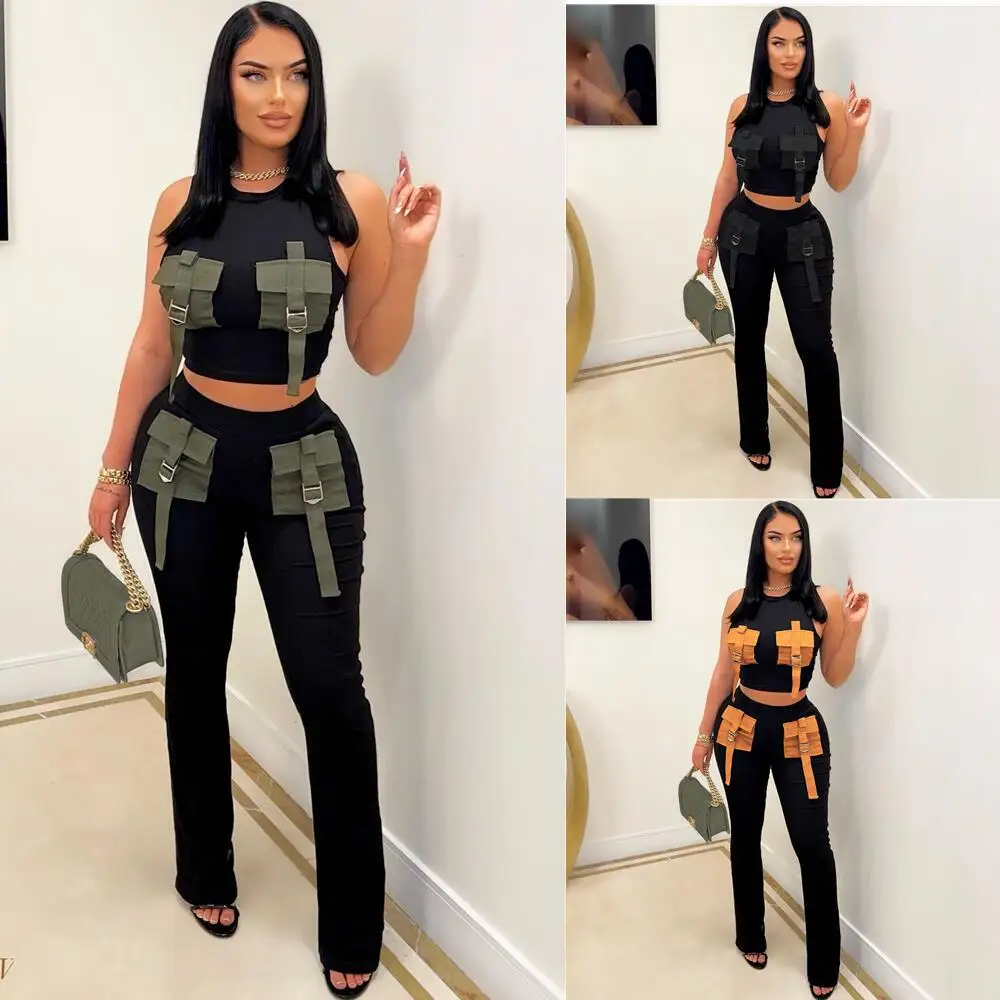 

2023 Summer Streetwear Women Tracksuit Set Pockets Outfits Tank Tops and Slim Fit Trouser Cargo Pants 2 Two Piece Set Female