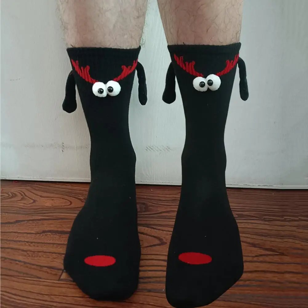 

1 Pair Of Christmas Hug Socks One-piece Couple Socks Magnetic Snowflake Print Funny Big Eyes Couple Socks