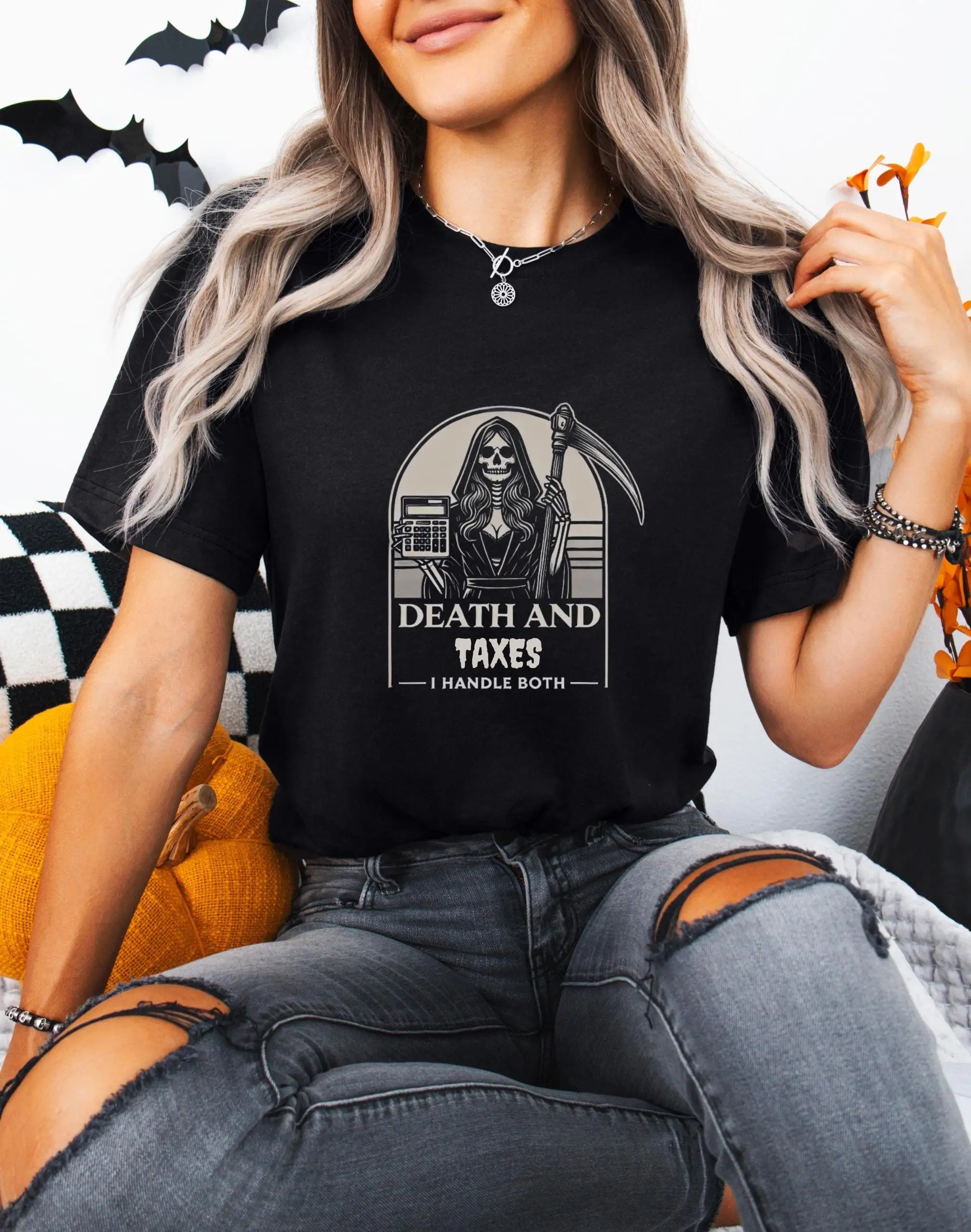 Хэллоуин Футболка Смерть и Такси Забавный бухгалтер Мрачный Жнец Жуткий Женский