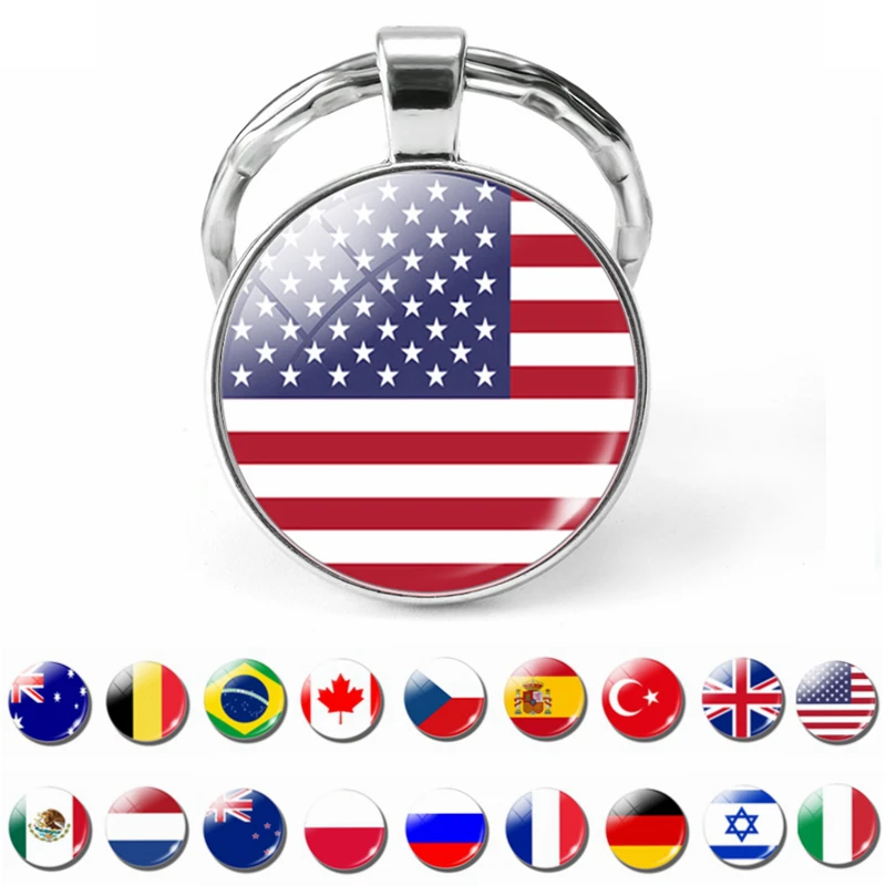 

United States United Kingdom Russia Spain Flag Keychain Glass Cabochon Jewelry Keychain Ring Patriot Souvenir Gift Lovers