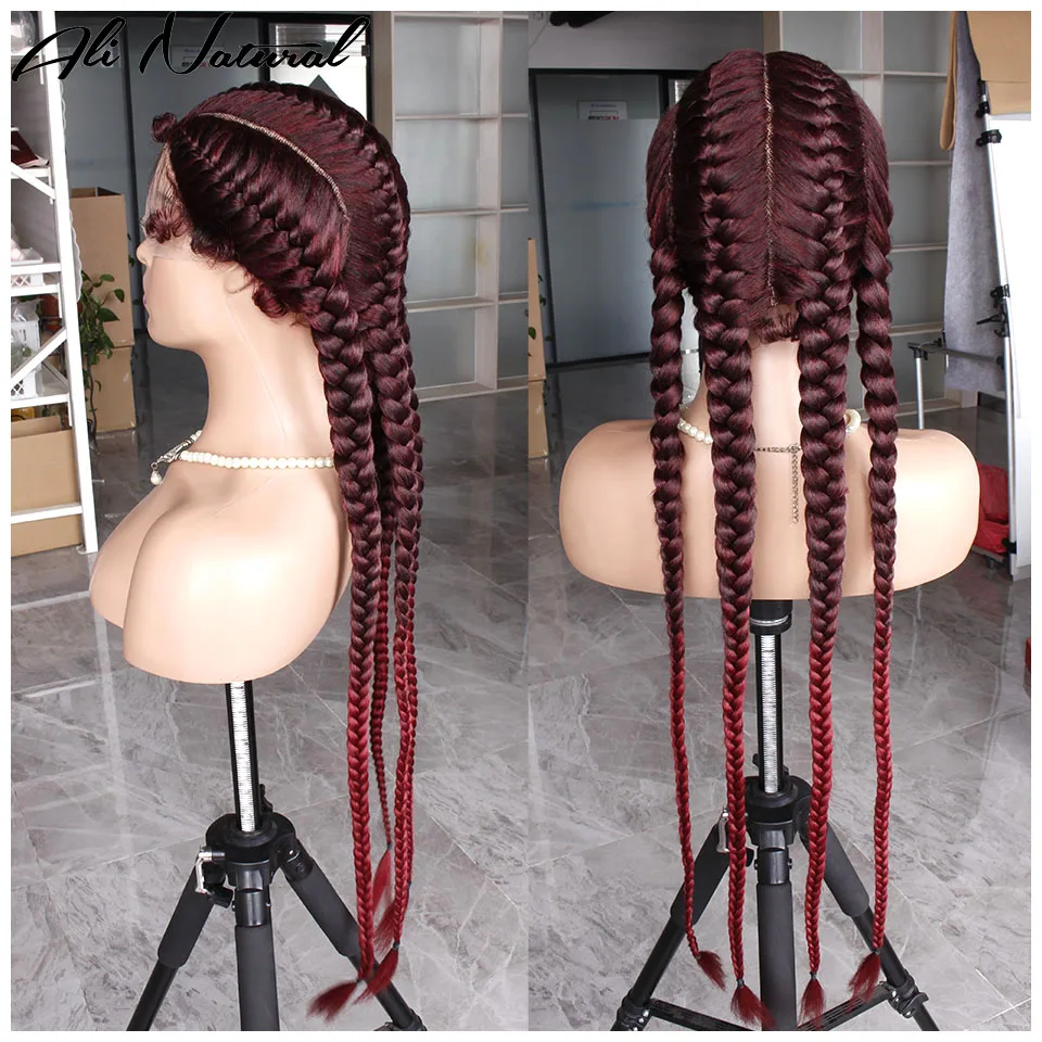 99j Long Synthetic Cornrow Wigs Ombre 99j Hand Braided Lace Front 4 Braids Ponytails Wig Dark Burgundy Lace Frontal Box Braided