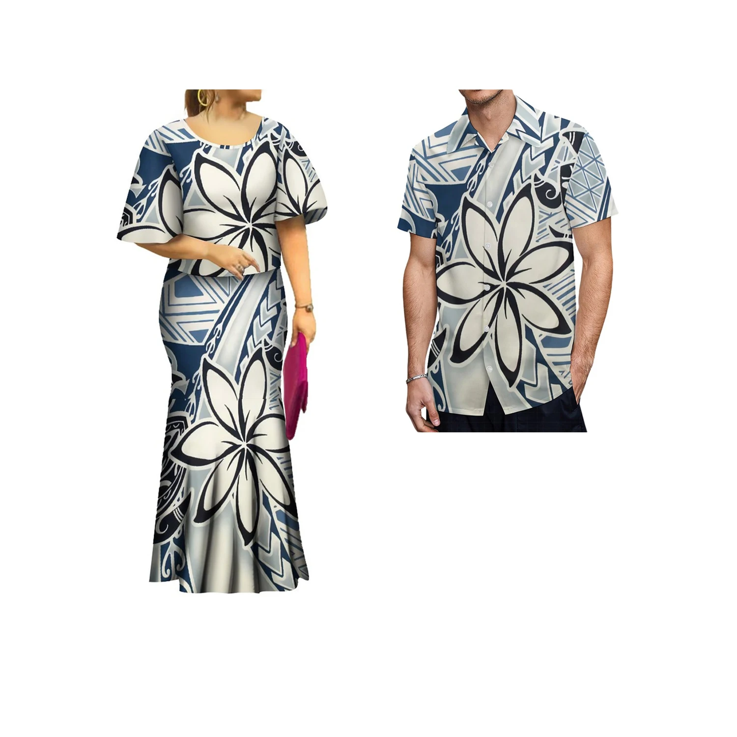 

2022 Hot Selling Polynesian Yellow Print Long Fishtail Dress Big People Elegant Flared Sleeve Top And Puletasi Mermaid Skirt