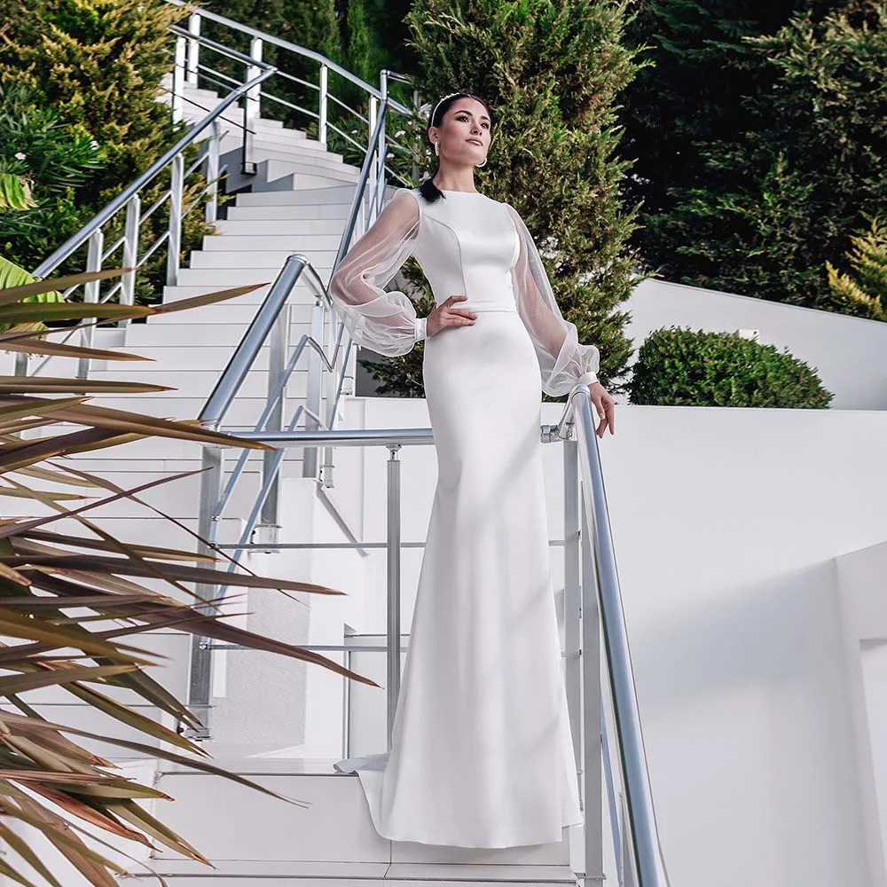 

Modern Wedding Dresses 2022 New O-Neck White Satin Mermaid Bride Dress Illusion Long Sleeve Open Back Zipper Bridal Gown Custom