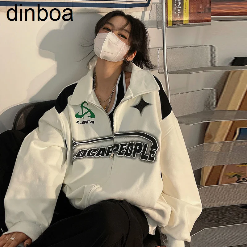 

Dinboa-пальто Y2k с надписью на молнии, американский Ретро кардиган с лацканами в стиле Хай-стрит, модный свитер большого размера в стиле хип-хоп