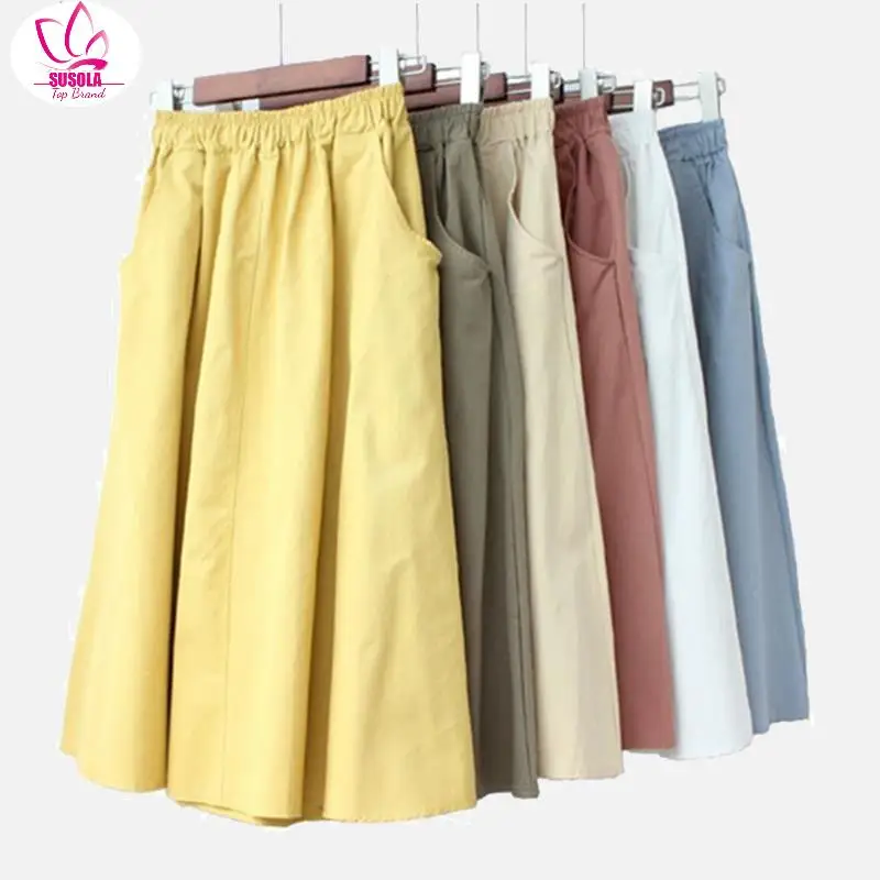 

Women's High Waist Side Pockets Skirts Spring Summer Solid A-line Female Midi Skirts Lady Trend Elastic Waists Ladies Bottom y2k