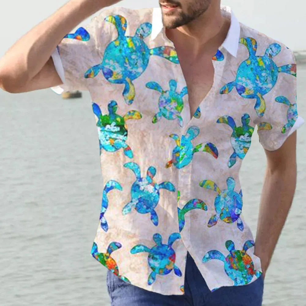 

2022 New Fashion Men Shirt Short Sleeve Oversize Single Breasted Animal Printing Patchwork Lapel Casual Daily Straight Men Shirt