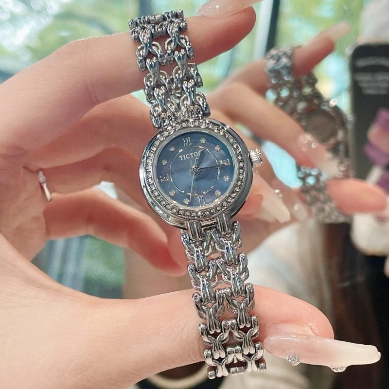 Fashion Blue Dial Steel Band Women's Watch Avant-garde Elegant Quartz Watch Advanced Atmospheric Light Luxury Women's Watch Gift
