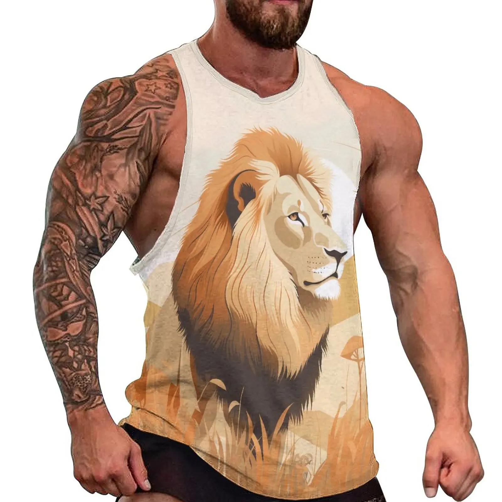 

Lion Tank Top Males Soft Colors Natural Harmony Training Oversized Tops Summer Trendy Printed Sleeveless Vests