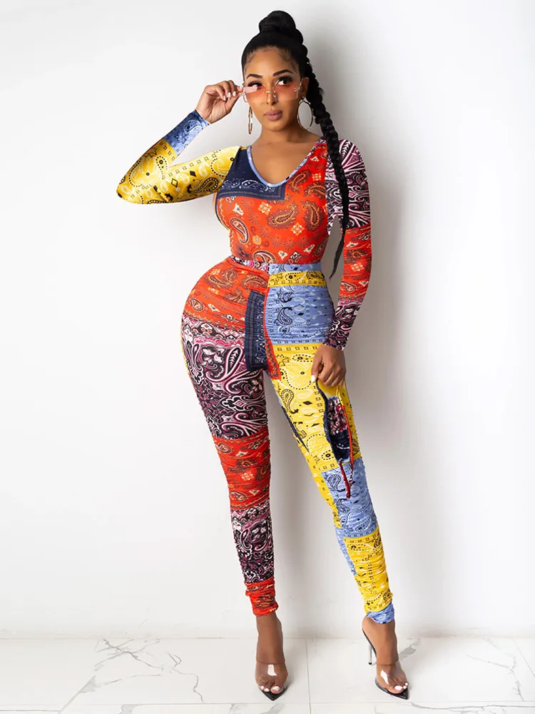 

Bandanna Paisley Print Two Piece Tracksuit Women Long Sleeve Bandage T-shirt and Stretchy Pencil Legging Vinage Clothes 2022