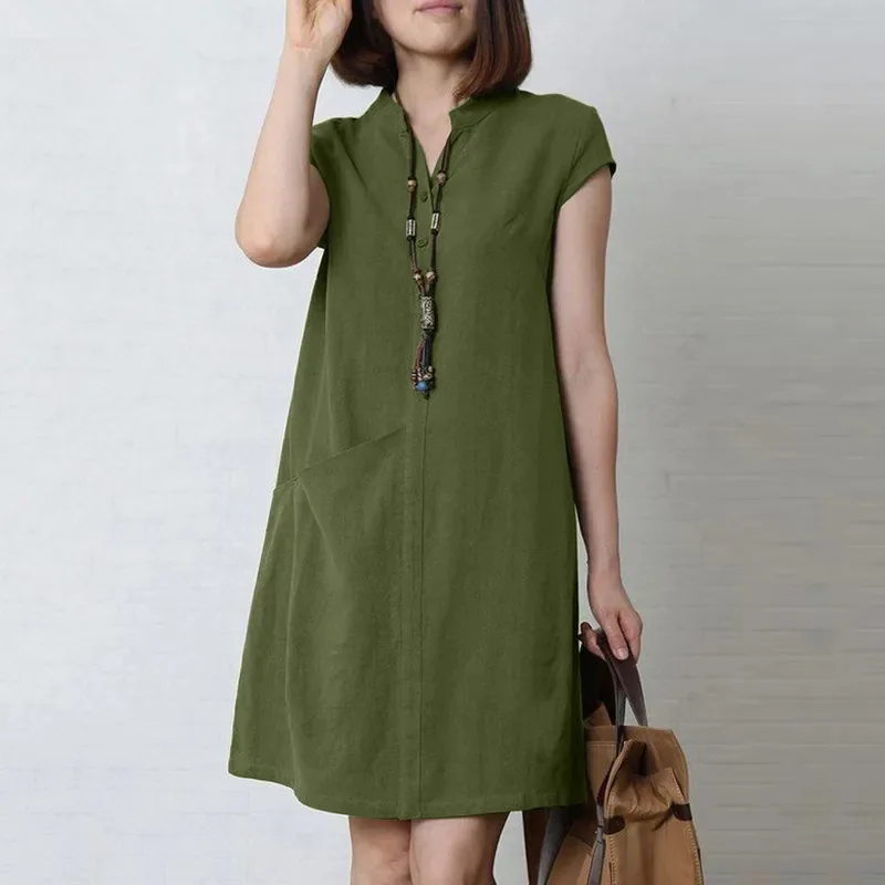 

2023 Women Vintage Midi Cotton Linen Dress Casual Chic V Neck Button Solid Color Pocket Short Sleeve Shirt Dresses Tunicas