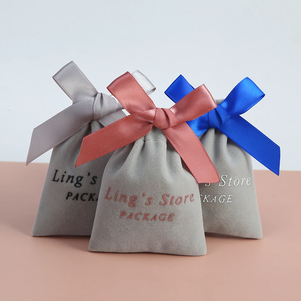 

50pcs Grey Velvet Drawstring Jewelry Bag with Ribbon Jewelry Organizer Wedding Party Candy Gift Bag Custom Mariage Personalizado