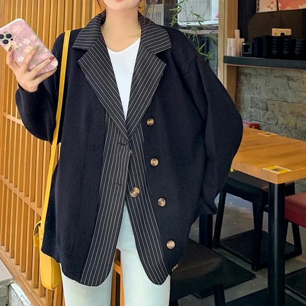 

Женский шикарный нишевый Свободный Повседневный свитер, уникальный дизайн, имитация двух частей с воротником, вязаный кардиган, Женская ку...