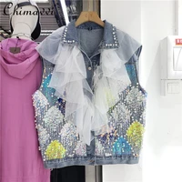 womens fashion pearl sequined sleeveless denim jacket 2022 summer new all matching stitching loose mesh vest for ladies